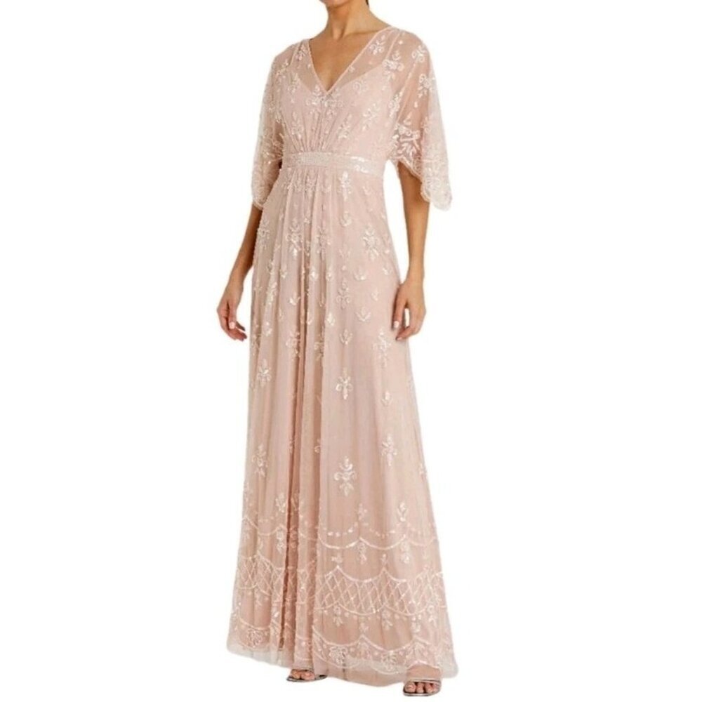 MacDuggal Size 2 Vneck Illusion Flutter Sleeve Embroidered Mesh Gown Blush Pink